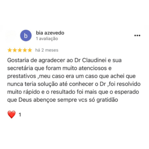 Imagem com a foto do paciente, o nome do paciente, 5 estrelas e um comentário explicando porque o paciente ficou muito satisfeito com o tratamento no consultório do Dr. Claudinei dentista Araucaria, que diz: Gostaria de agradecer ao Dr Claudinei e sua secretária que foram muito atenciosos e prestativos ,meu caso era um caso que achei que nunca teria solução até conhecer o Dr ,foi resolvido muito rápido e o resultado foi mais que o esperado que Deus abençoe sempre vcs só gratidão