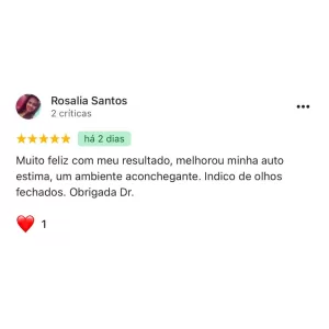 foto do paciente, o nome do paciente, 5 estrelas e um comentário explicando porque o paciente ficou muito satisfeito com o tratamento no consultório do Dr. Claudinei dentista Araucaria que diz: Muito feliz com meu resultado, melhorou minha auto estima, um ambiente aconchegante. Indico de olhos fechados. Obrigada Dr.