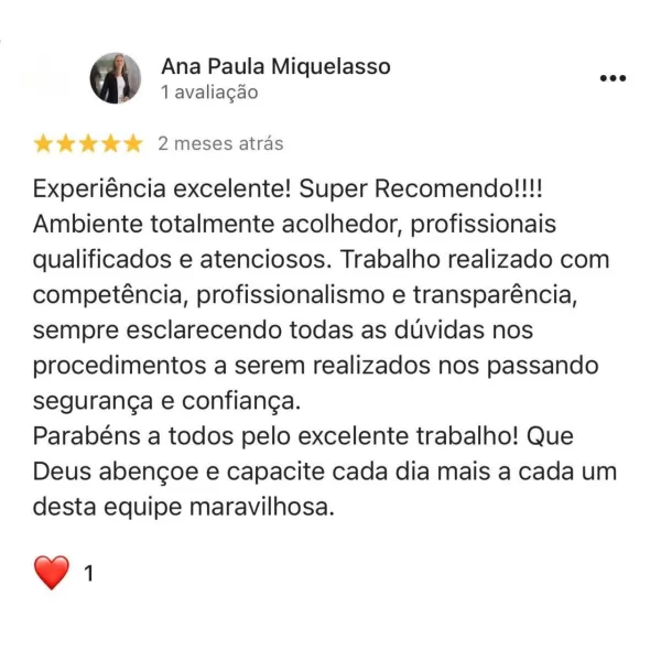 foto do paciente, o nome do paciente, 5 estrelas e um comentário explicando porque o paciente ficou muito satisfeito com o tratamento no consultório do Dr. Claudinei dentista Araucaria, que diz: Experiência excelente! Super Recomendo!!!! Ambiente totalmente acolhedor, profissionais qualificados e atenciosos. Trabalho realizado com competência, profissionalismo e transparência, sempre esclarecendo todas as dúvidas nos procedimentos a serem realizados nos passando segurança e confiança. Parabéns a todos pelo excelente trabalho! Que Deus abençoe e capacite cada dia mais a cada um desta equipe maravilhosa.