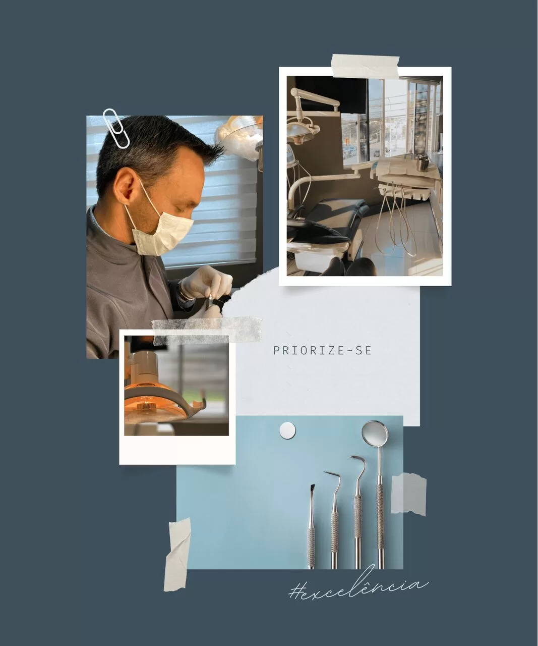 dentista araucaria usando máscara trata um paciente. As fotos mostram equipamentos odontológicos, uma cadeira dentária e ferramentas esterilizadas em uma superfície azul. O texto diz "PRIORIZE-SE" e "excelencia".