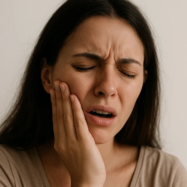 Mulher com a mão na bochecha com uma expressão de muita dor de dente.