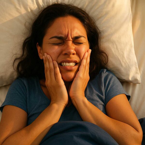 Bruxismo - mulher deitada na cama com as mãos nas bochechas com cara de dor.