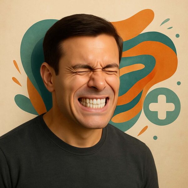 Bruxismo: homem rangendo os dentes e com cara de dor