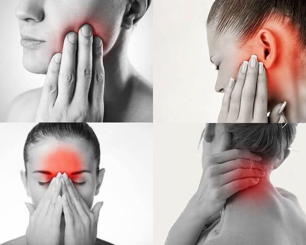 mulher com pontos do corpo onde doem ao ranger os dentes, mandíbula, articulação, pescoço e cabeça.