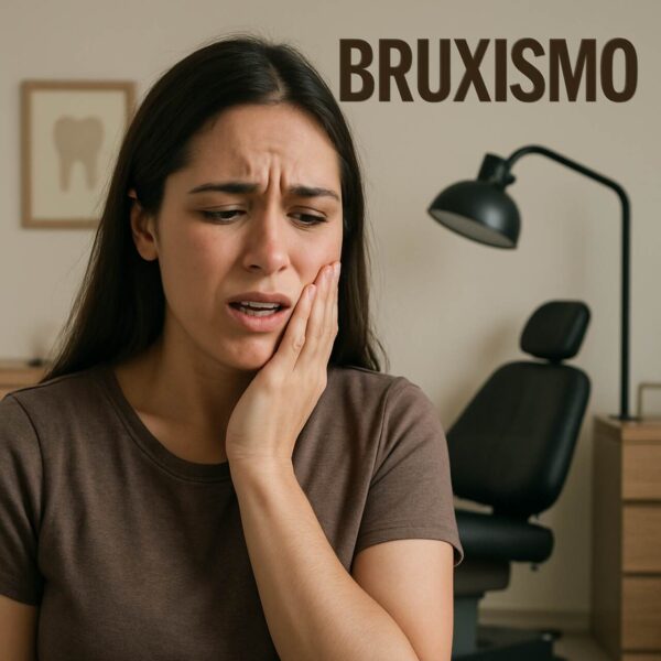 Imagem realista de uma mulher com aparência de desconforto, mão apoiada na bochecha como se sentisse dor, consultório odontológico moderno ao fundo em tons de laranja, com uma planta verde visível e o texto “BRUXISMO” ao lado.