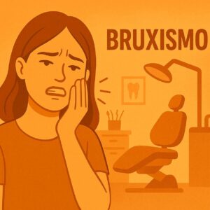 Mulher segurando a bochecha com expressão de dor, simulando dor na mandíbula, em um consultório odontológico estilizado em tons de laranja. Ao lado, a palavra “BRUXISMO”.