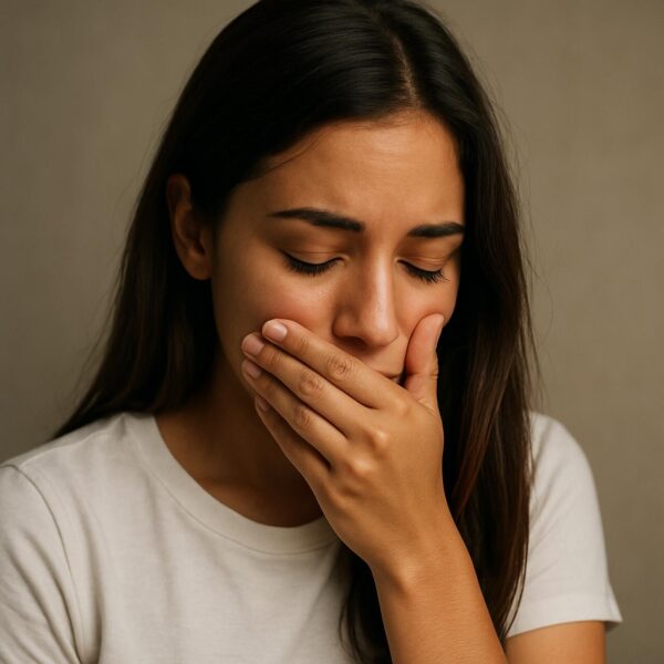 Mulher com a mão na boca e olhar envergonhado.