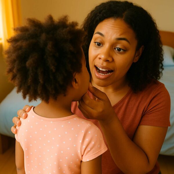 mãe avaliando a troca de dente de leite da filha