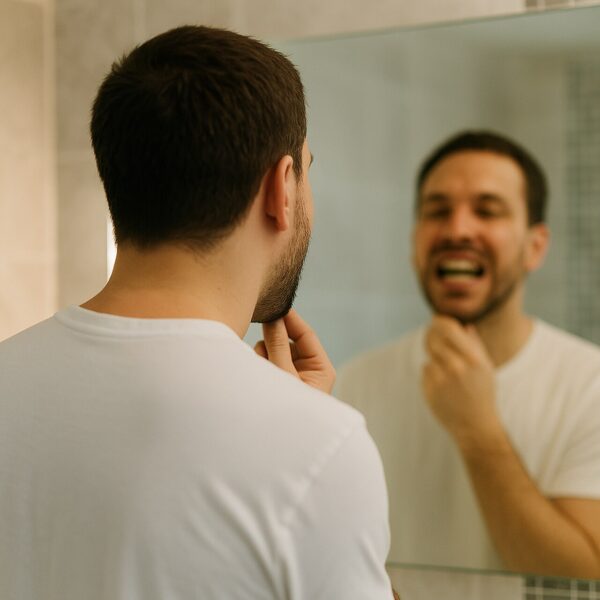 homem adulto avaliando seus dentes no espelho