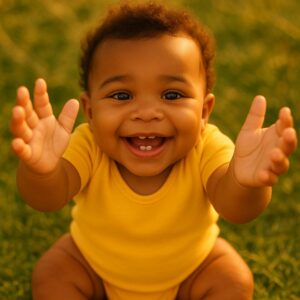 Bebe nascendo dente, sorrindo com os braços pra cima pedindo colo.