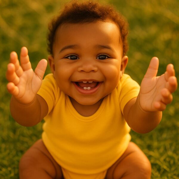 Bebe nascendo dente, sorrindo com os braços pra cima pedindo colo.