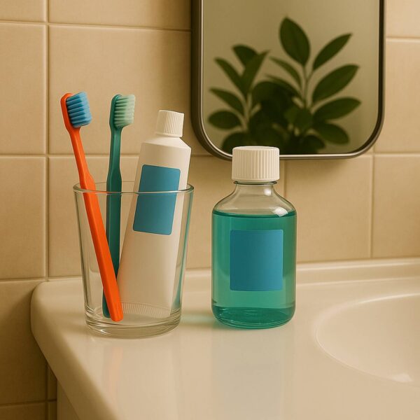 escova de dente, pasta de dente e enxaguante bucal.