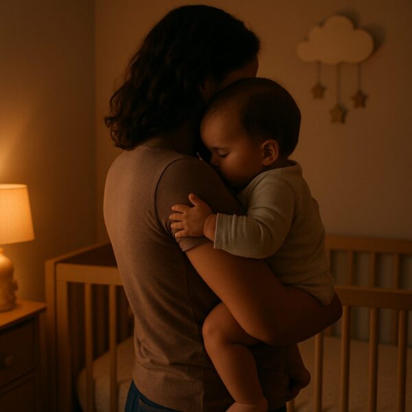 bebe nascendo dente e mãe segurando e acalmando-o no seu quarto a meia luz