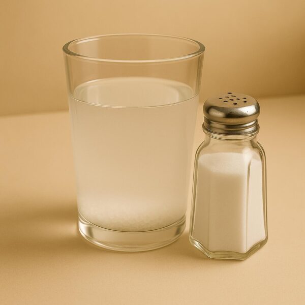 copo com água e sal e um saleiro ao lado, remédio temporário pra gengivite.