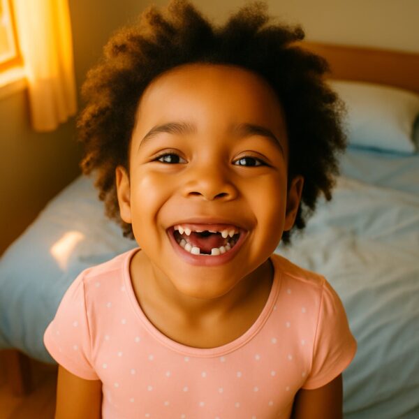 criança sorrindo olhando pra câmera sem os dentinhos da frente, troca dos dentes de leite