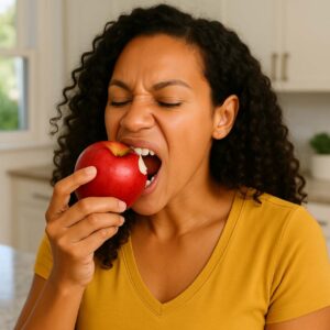 mulher mordendo uma maça
