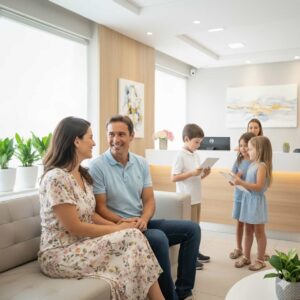 Família sorrindo na recepção de clínica odontológica, atendimento acolhedor e cuidado preventivo para todas as idades
