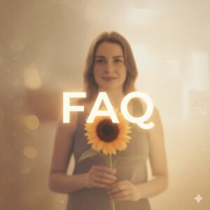 mulher segurando um girassol, setembro amarelo. Palavra FAQ no centro.