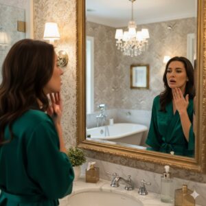 mulher se olha no espelho em um banheiro elegante e não consegue abrir a boca