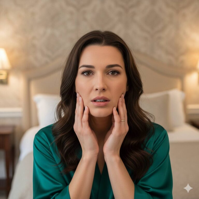 trismo - mulher com as mãos nas bochechas com o rosto de dor.