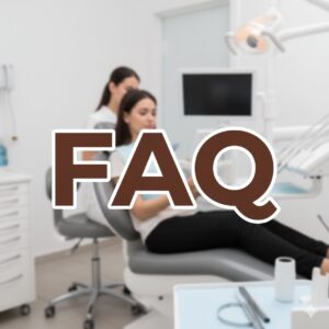 mulher na cadeira do dentista com a falavra FAQ escrita.