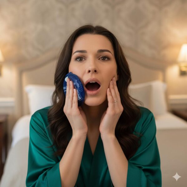 trismo em uma mulher que usa uma bolsa quente para alívio.