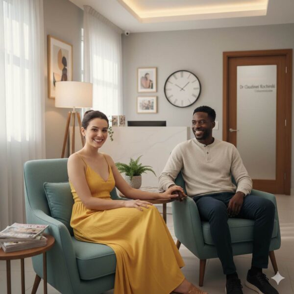 mulher com vestido amarelo e homem de camiseta branca e calça jeans aguardam na recepção do consultório odontológico