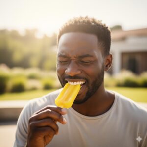 homem mordendo um picolé amarelo com cara de dor por sensibilidade nos dentes