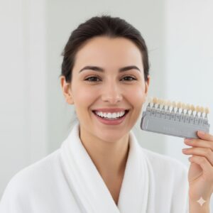 mulher segurando uma escava vita, que é uma escala com diferentes cores dos dentes
