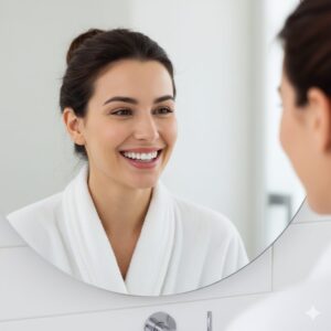 mulher se olhando do espelho do banheiro feliz com o resultado do seu clareamento dentário