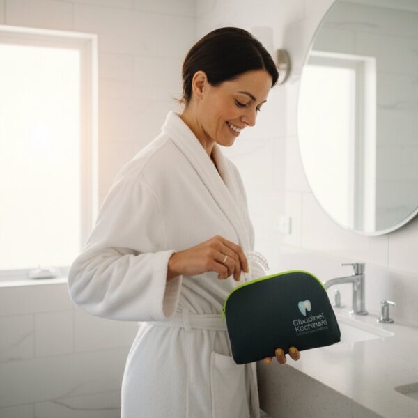 mulher em um banheiro branco segurando sua bolsa de clareamento dentário