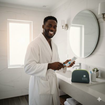 homem em seu banheiro começando a escovar os dentes