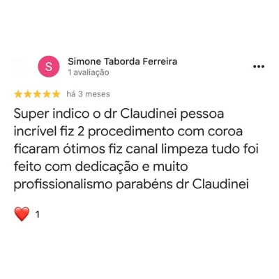 foto do paciente, o nome do paciente, 5 estrelas e um comentário explicando porque o paciente ficou muito satisfeito com o tratamento no consultório do Dr. Claudinei dentista Araucaria que diz: Super indico o dr Claudinei pessoa incrível fiz 2 procedimento com coroa ficaram ótimos fiz canal limpeza tudo foi feito com dedicação e muito profissionalismo parabéns dr Claudinei